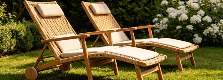 Outdoor Teak Rattan Lounge Chairs