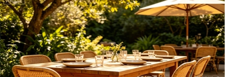 Teak Wood Outdoor Dining Set with Rattan Chairs